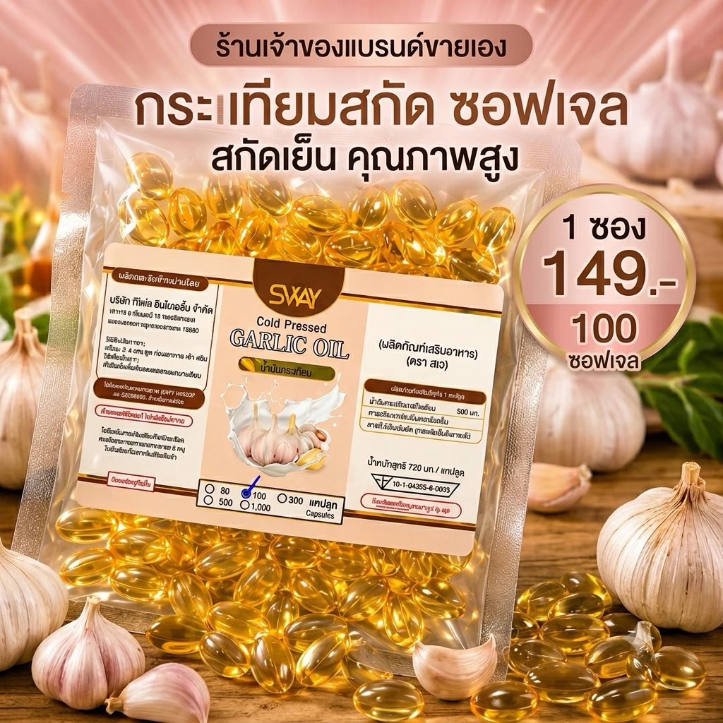 เจ้าของโรงงานขายเอง น้ำมันกระเทียมสกัดเย็น แบรนด์Sway 1ซอง100เม็ด สินค้าส่งตรงจากบริษัท