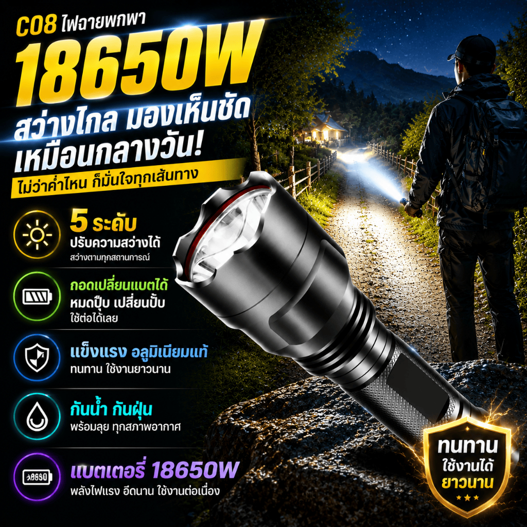 ไฟฉาย LED ไฟฉายแรงสูง แท้ ซุปเปอร์ไบรท์ ไฟฉายไฟแรงสูง กันน้ำไฟฉายชาร์จไฟ ไฟฉายสว่างมากๆ ไฟฉายเดินป่าFlashlight