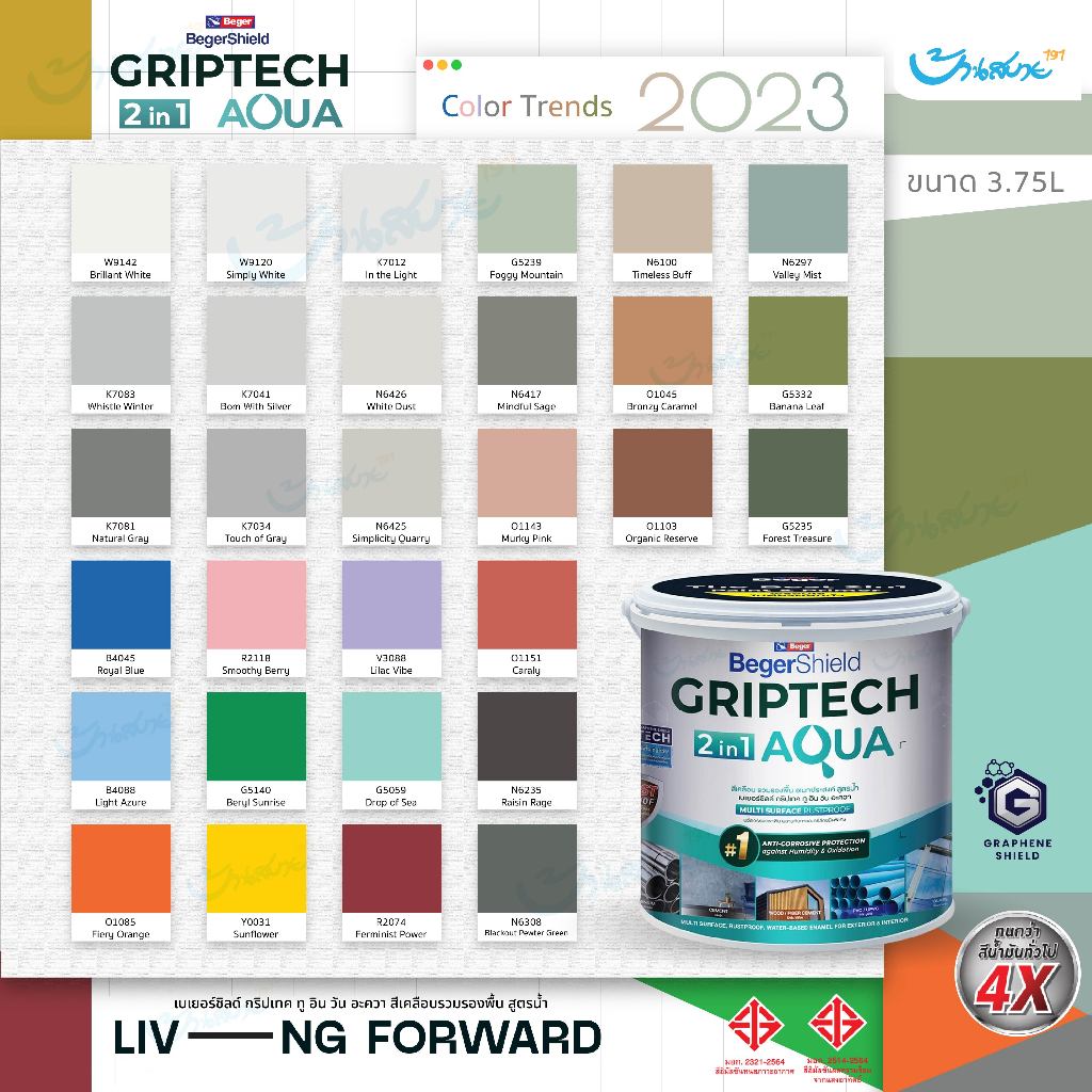 BegerShield Aqua สีเคลือบ 2in1 เฉดสี 2023 ขนาด 3L ผสมรองพื้นในตัว แห้งไว ทาได้ทุกพื้นผิว เหล็ก กระเบื้อง กระจก