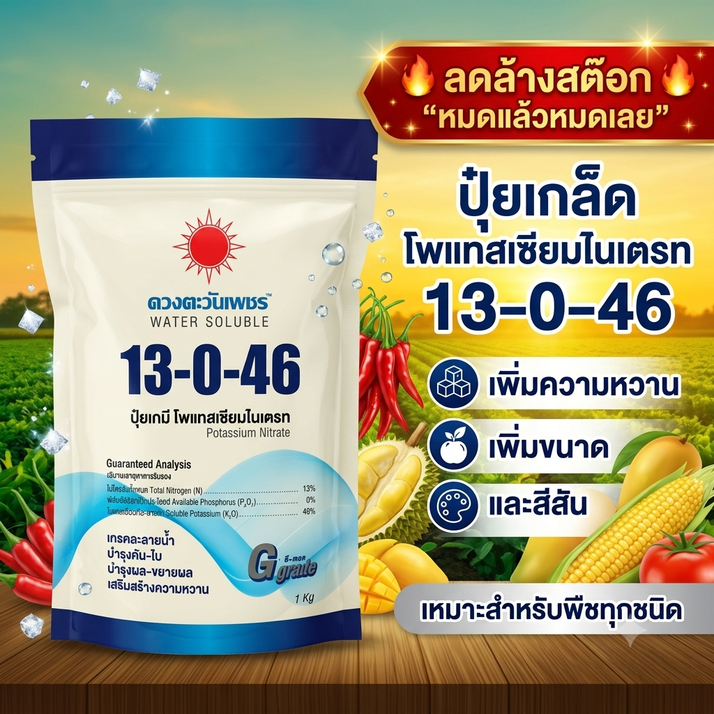 ปุ๋ยเกล็ด 13-0-46 (แบรนด์) โพแทสเซียมไนเตรท ขนาด 1 กิโลกรัม ดวงตะวันเพชร