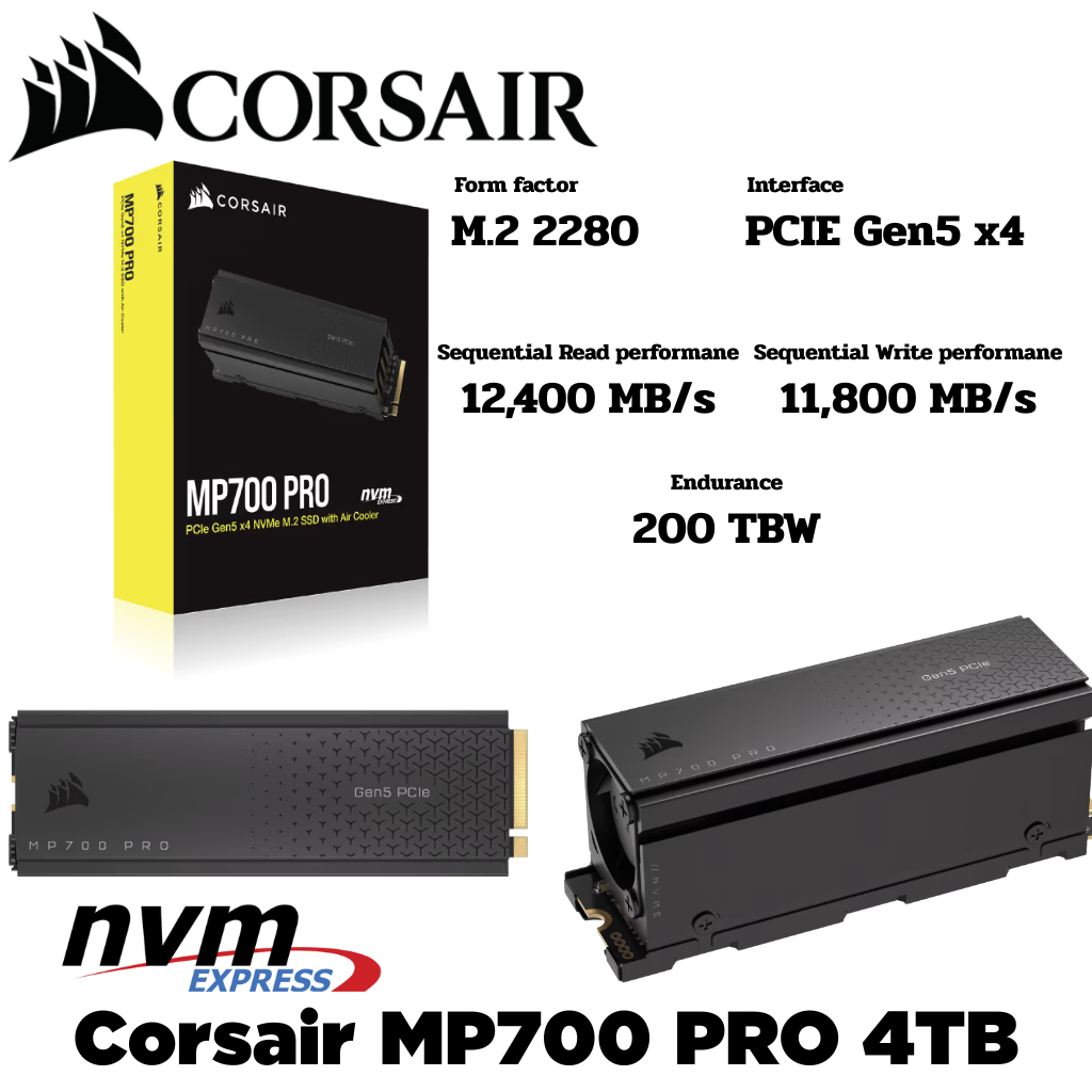 M.2 4TB SSD (เอสเอสดี) Corsair MP700 PRO 4TB with Air Cooler PCIe Gen5 x4 NVMe 2.0 M.2 SSD