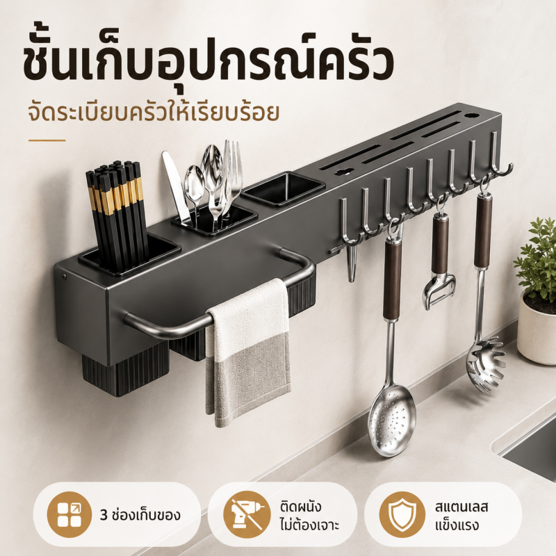 ชั้นวางมีดติดผนัง ไม่ต้องเจาะ ที่เสียบมีด ที่เก็บช้อนส้อมตะเกียบ ราวแขวนตะหลิว 8 ตะขอ