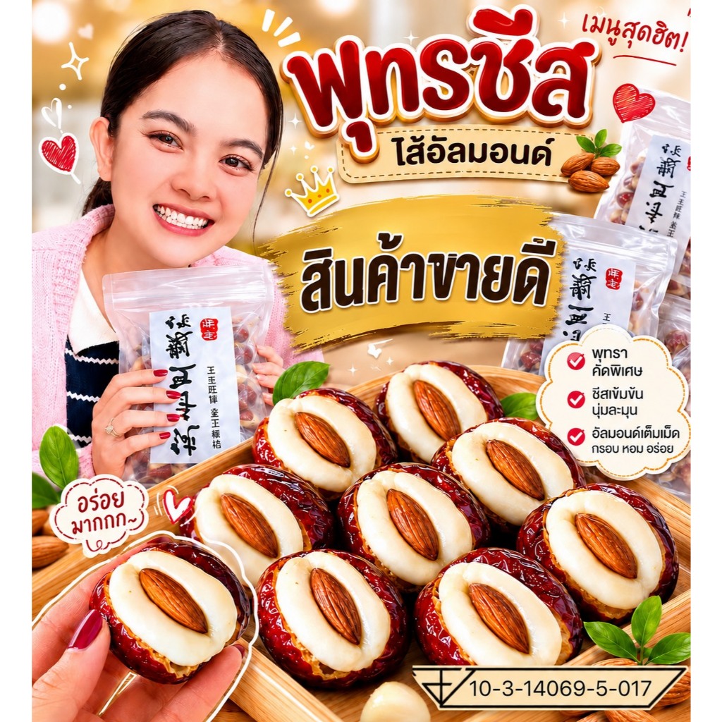 พุทราชีสไส้อัลมอนด์รุ่นใหม่ บรรจุถุงละ 500 กรัม