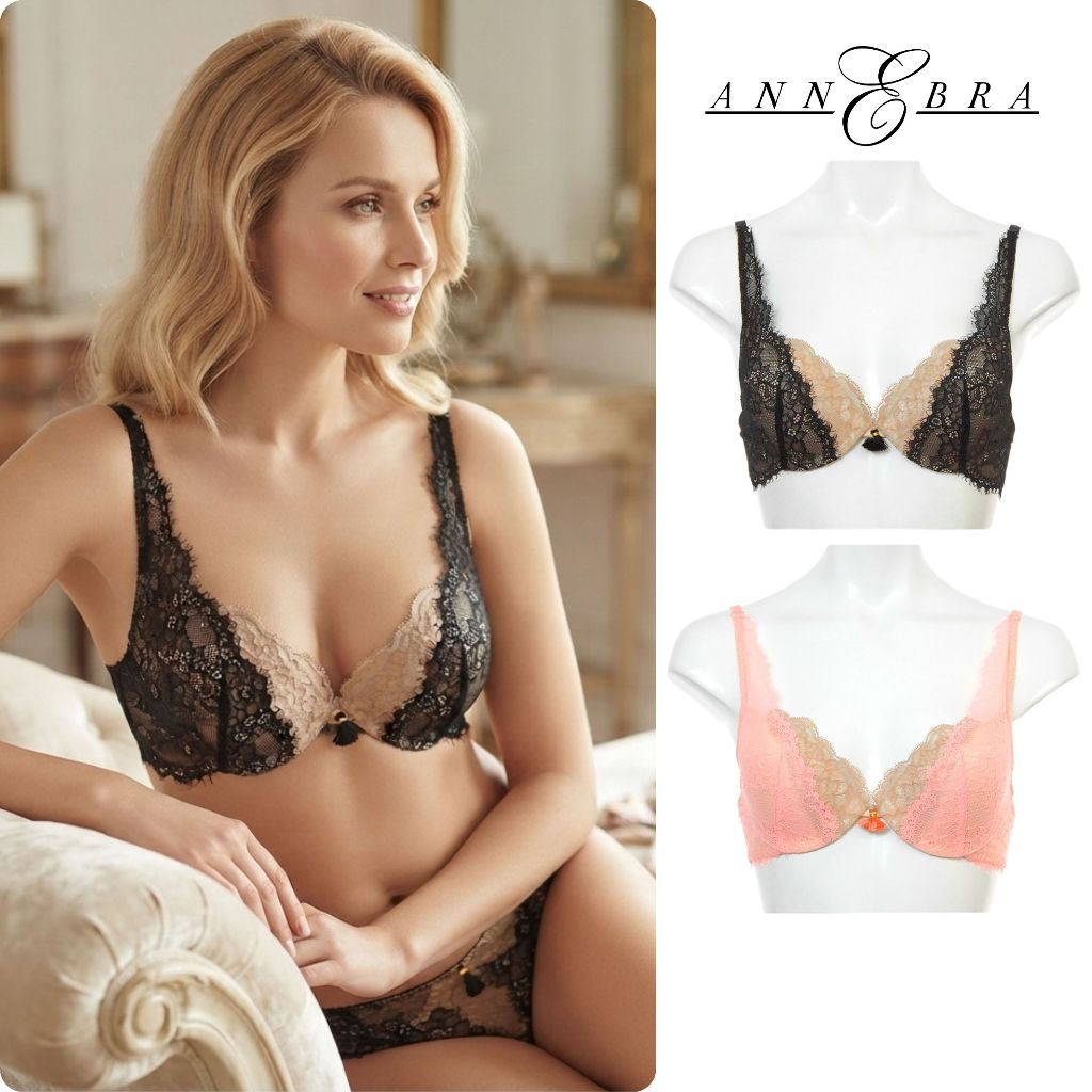 Annebra บราเสริมทรง ตะขอหลัง คอวี มีโครง เสริมฟองน้ำ Push up Mold bra Deep Vee รุ่น AB1-553 สีดำ, สีชมพู
