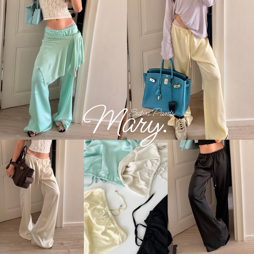 LOONNYSTORE กางเกงขายาว รุ่น Mary Satin Pants ดีไซน์เรียบหรู ขาทรงกระบอก ผูกเอว ผ้าซาตินพรีเมียม นุ่มลื่น ดีเทลปักหลัง
