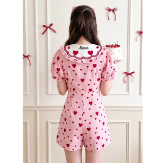 (มี3XL) Maria Diamond สีชมพู Hua Jai Jumpsuit จั๊มสูทขาสั้นผ้าลูกฟูกพิมพ์ลาย กระดุมหน้า ปกงานปัก แขนสั้น มีซับใน