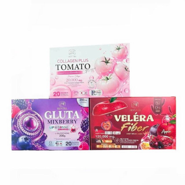 MONTRA GLUTA MIXBERRY | กลูต้ามนตรา,คลอลาเจนมนตรา,ไฟเบอร์มนตรา มิกซ์เบอร์รี่  1กล่อง 20ซอง