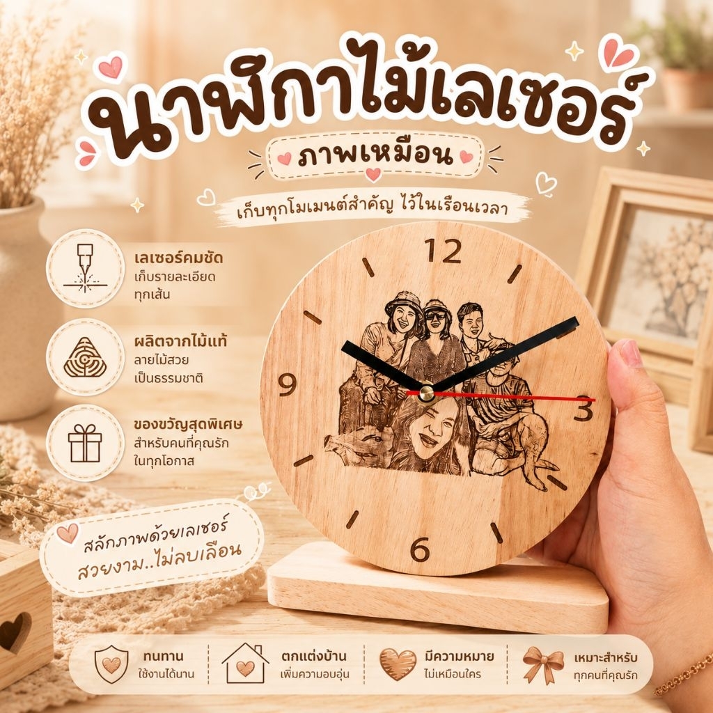 นาฬิกาไม้เลเซอร์ภาพเหมือน โลโก้ ข้อความ ออกแบบฟรี