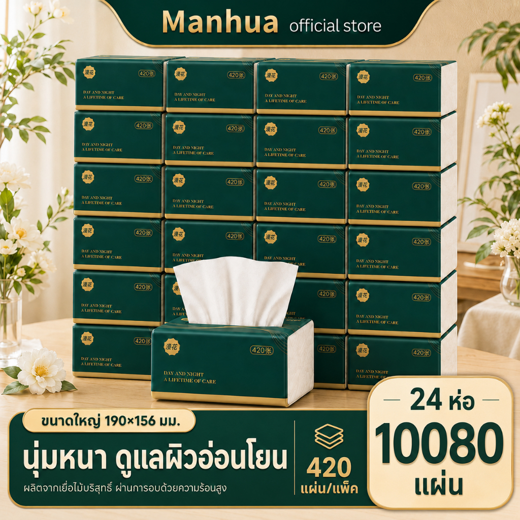 [10 / 24ห่อ ] GB/T 20808 Manhua  Soft Tissue ดีลักซ์ คอมฟอร์ท กระดาษทิชชู่ หนา 4 ชั้น 420 แผ่น ทิชชู่แผ่นใหญ่