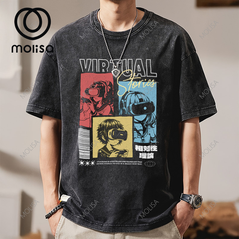 Molisa เสื้อยืด oversize ผ้าฟอกวินเทจ ผ้านุ่ม คุณภาพดี เสื้อยืดแฟชั่น ใส่สบาย T shirt สีดำ ผู้ชาย โอเวอร์ไซส์ 68191#