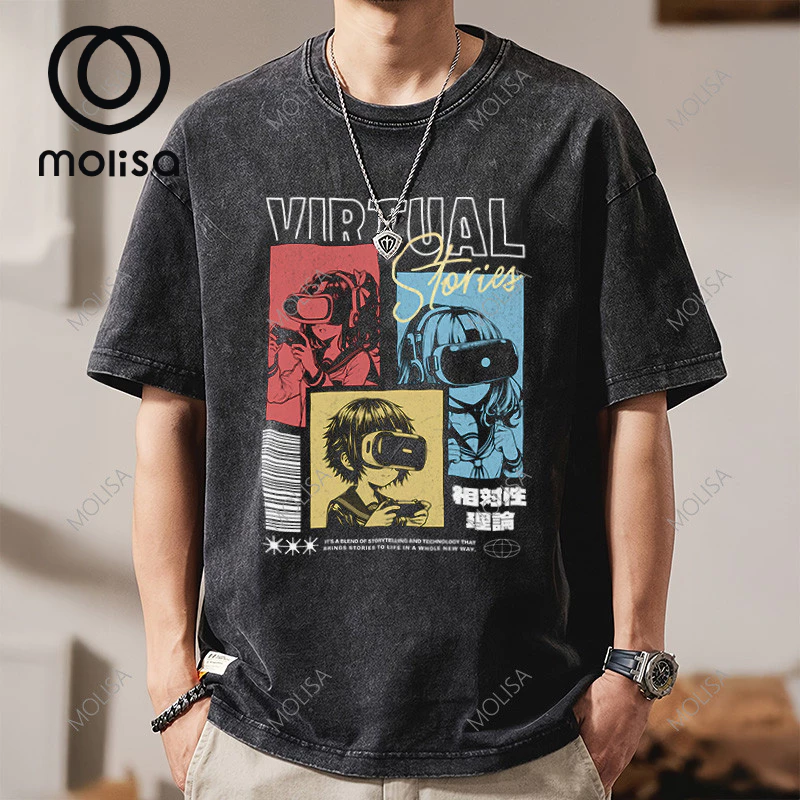 Molisa เสื้อยืด oversize ผ้าฟอกวินเทจ ผ้านุ่ม คุณภาพดี เสื้อยืดแฟชั่น ใส่สบาย T shirt สีดำ ผู้ชาย โอเวอร์ไซส์ 68191#