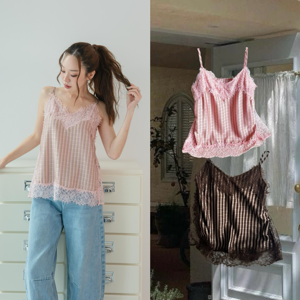 FLASHMARBLE - ORCHID TOP เสื้อสายเดี่ยวลายตาราง แต่งลูกไม้