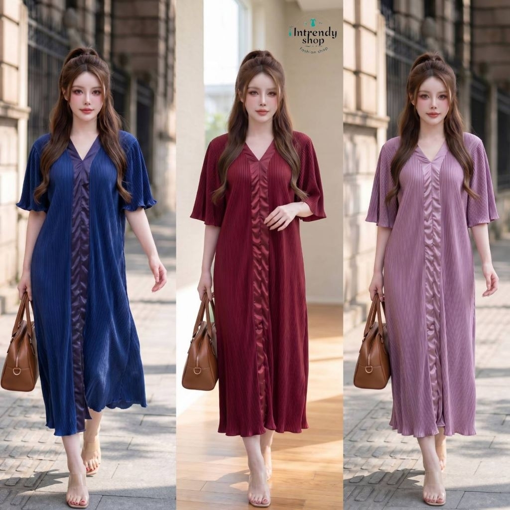 พร้อมส่ง.เดรสพลีทยาวคอวีแขนสั้นV neck long dress peat B303 { อก: 36 - 50 } ใส่สวย เป็นผ้าซาตินอัดพลีท