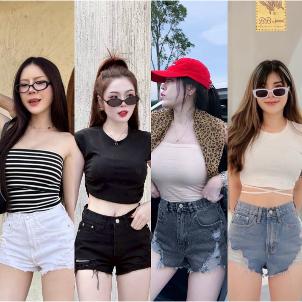 BB Jeans กางเกงยีนส์ขาสั้นเอวสูง  รุ่นริ้วใหญ่ แต่งขาดชายรุ่ย เก็บทรง ขาเรียว 6 สี S-5XL