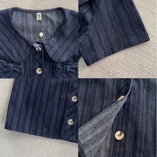 Glucoat | [A869] เสื้อยีนส์คอบัวแขนสั้น กระเป๋าโบว์หน้า กระดุมหน้าใช้งานได้จริง