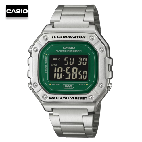 นาฬิกาข้อมือผู้ชายคาสิโอ ดิจิตอล CASIO Digital สายสแตนเลส หน้าปัดสีเขียว รุ่น W-218HD-3AVDF, W-218HD
