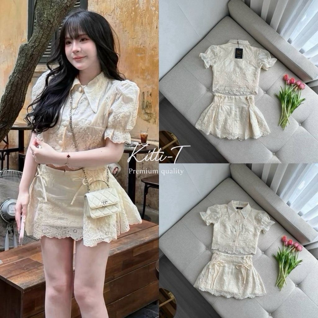 KITTI -T SET (2)ชิ้น เสื้อครอปคอปกเชิ้ต แขนตุ๊กตาพองกำลังดี เพิ่มความน่ารักปนเซ็กซี่เบาๆ ผ้าลูกไม้ฉลุลายพรีเมียม