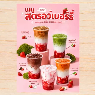 ป้ายเมนูสตรอเบอร์รี่ A4 เคลือบแข็งใส ป้ายเมนูสำเร็จรูป