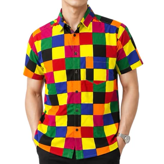 เสื้อเชิ๊ตเเขนสั้นคอปกสลับสีเเนววินเทจลายสก๊อต M-2XL