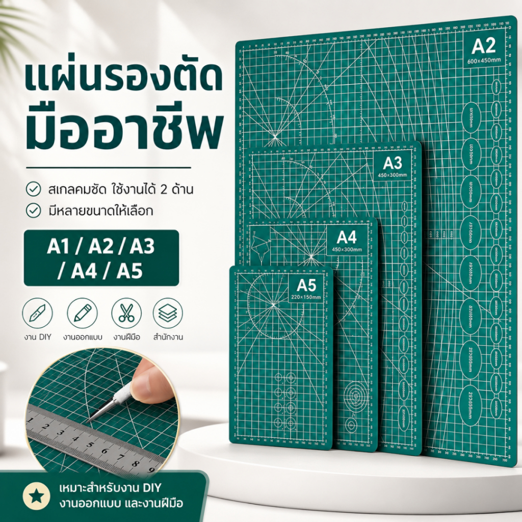 แผ่นรองตัด ขนาด A1/A2/A3/A4/A5 หนา 2.5mm วัสดุ PVC สองด้าน กันลื่น กันรอยขีดข่วน พร้อมเส้นกริด ใช้งานได้ทํามือ