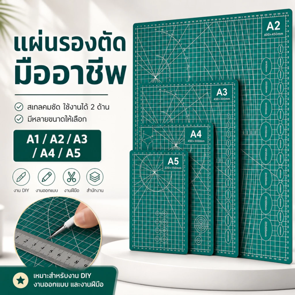 แผ่นรองตัด ขนาด A1/A2/A3/A4/A5 หนา 2.5mm วัสดุ PVC สองด้าน กันลื่น กันรอยขีดข่วน พร้อมเส้นกริด ใช้งานได้ทํามือ