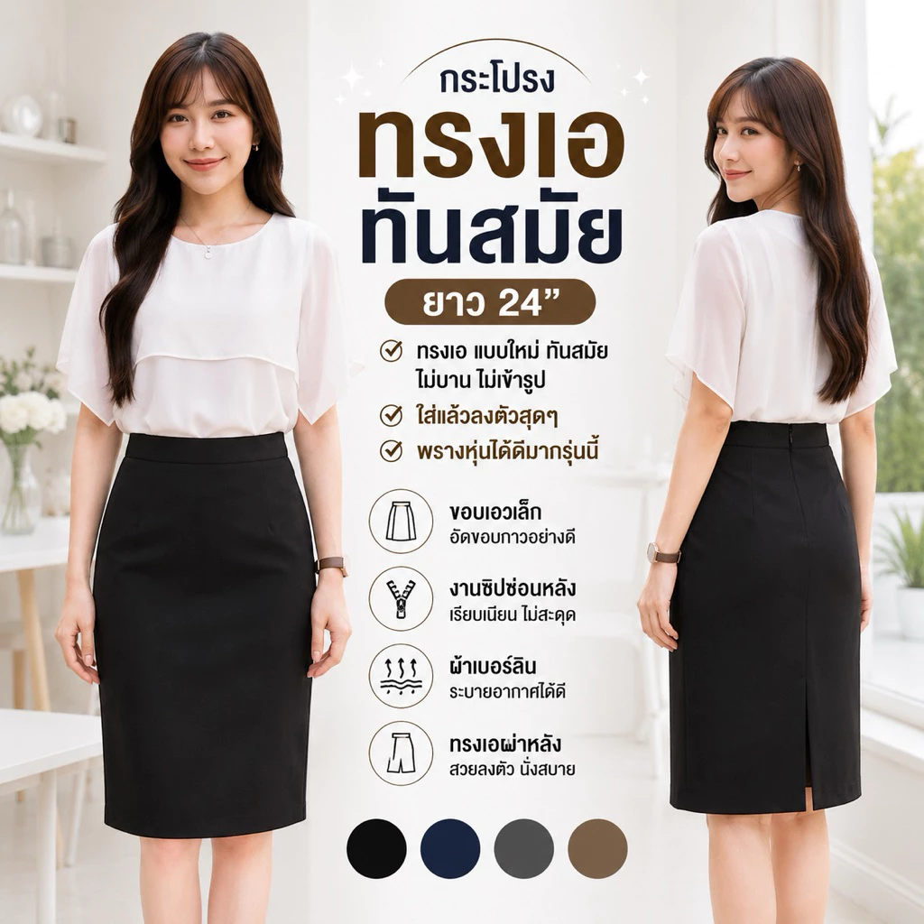 ALINDA กระโปรงสีดำทรงA 24" ไซส์ S-3XLผ่าหลังทับเกยสุภาพ เอวสูง มีซับใน ขอบเอวอัดกาวอย่างดี ผ้าเบอร์ริน สำหรับผู้หญิง