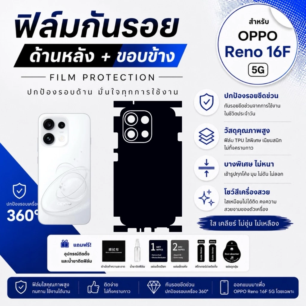 ฟิล์มรอบเครื่อง สำหรับโทรศัพท์รุ่น OPPO Reno16 F 5G ติดก่อนเกิดรอย ราคาขายต่อไม่ตกแน่นอน 1 แถม 1