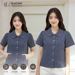 Glucoat | [A860] เสื้อยีนส์แขนสั้นคอปกลายทาง กระเป๋าข้างสองด้าน กระดุมหน้าใช้งานได้จริง
