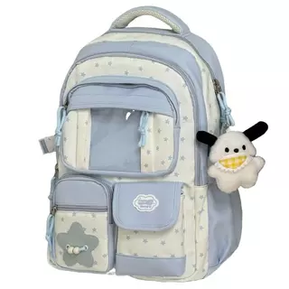 🎒กระเป๋าเป้สไตล์ญี่ปุ่นเกาหลี แถมตุ๊กตาโปชาโกะ กันน้ำ วินเทจ ใส่แล็ปท็อปได้ หลายช่องเก็บของ น่ารัก