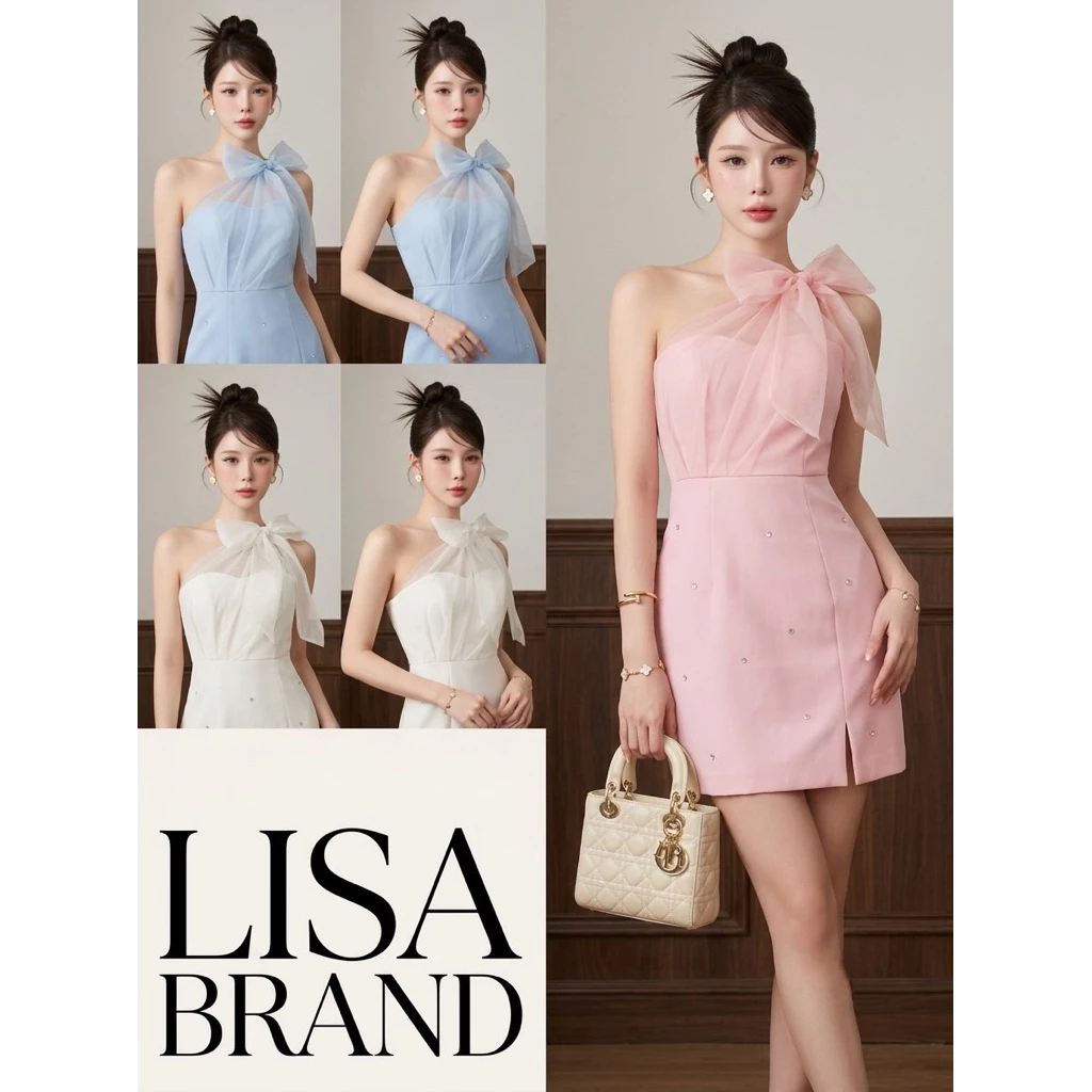 [LISA] A0346 ชุดเดรสกระโปรงเกาะอกซทรูปาดไหล่ดีเทลแต่งเพชร ทรงสวยหรูแบบผู้ดีสุดๆใส่ออกงาน คาเฟ่ เที่ยว ออกเดท งานแต่ง