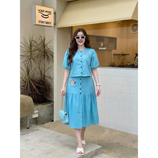 A1577 ชุดเซต เสื้อ+กระโปรง สีฟ้า ปักลายน่ารัก