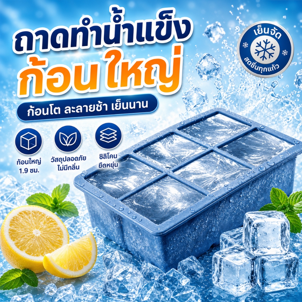 แม่พิมพ์น้ำแข็งซิลิโคนขนาดใหญ่ ก้อนน้ําแข็ง แม่พิมพ์ถาดน้ําแข็ง ถาดน้ำแข็ง แม่พิมพ์ถาดสี่เหลี่ยม แบบใช้ซ้ําได้