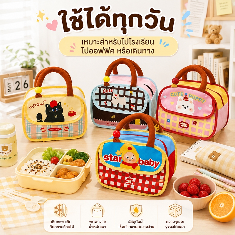 กระเป๋าอาหารกลางวัน เก็บอุณหภูมิได้ ชั้นฟอยล์กันความร้อน ความจุใหญ่ สำหรับพนักงานออฟฟิศและนักเรียน