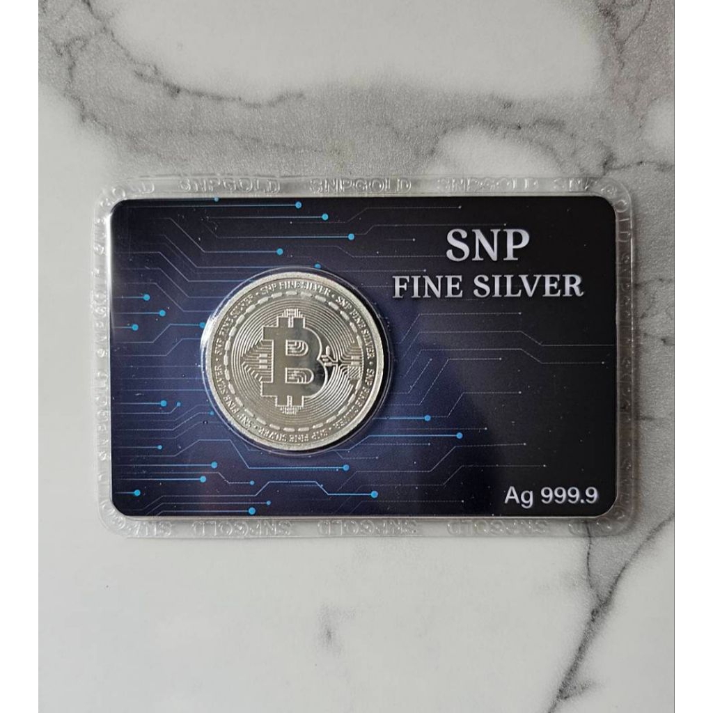 เงินแท่งบริสุทธิ์แท้ 99.99% น้ำหนัก 1 บาท ลายเหรียญบิตคอยน์ แบบการ์ด Bitcoin card SNP FINE SILVER พร้อมส่ง