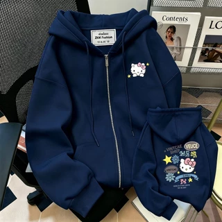 เสื้อฮู้ดซิปผู้หญิงไซส์ใหญ่หลวม ดีไซน์แฟชั่นหรูหรา ระบายอากาศได้ดี เสื้อแจ็คเก็ต Hello Kitty รองรับ COD