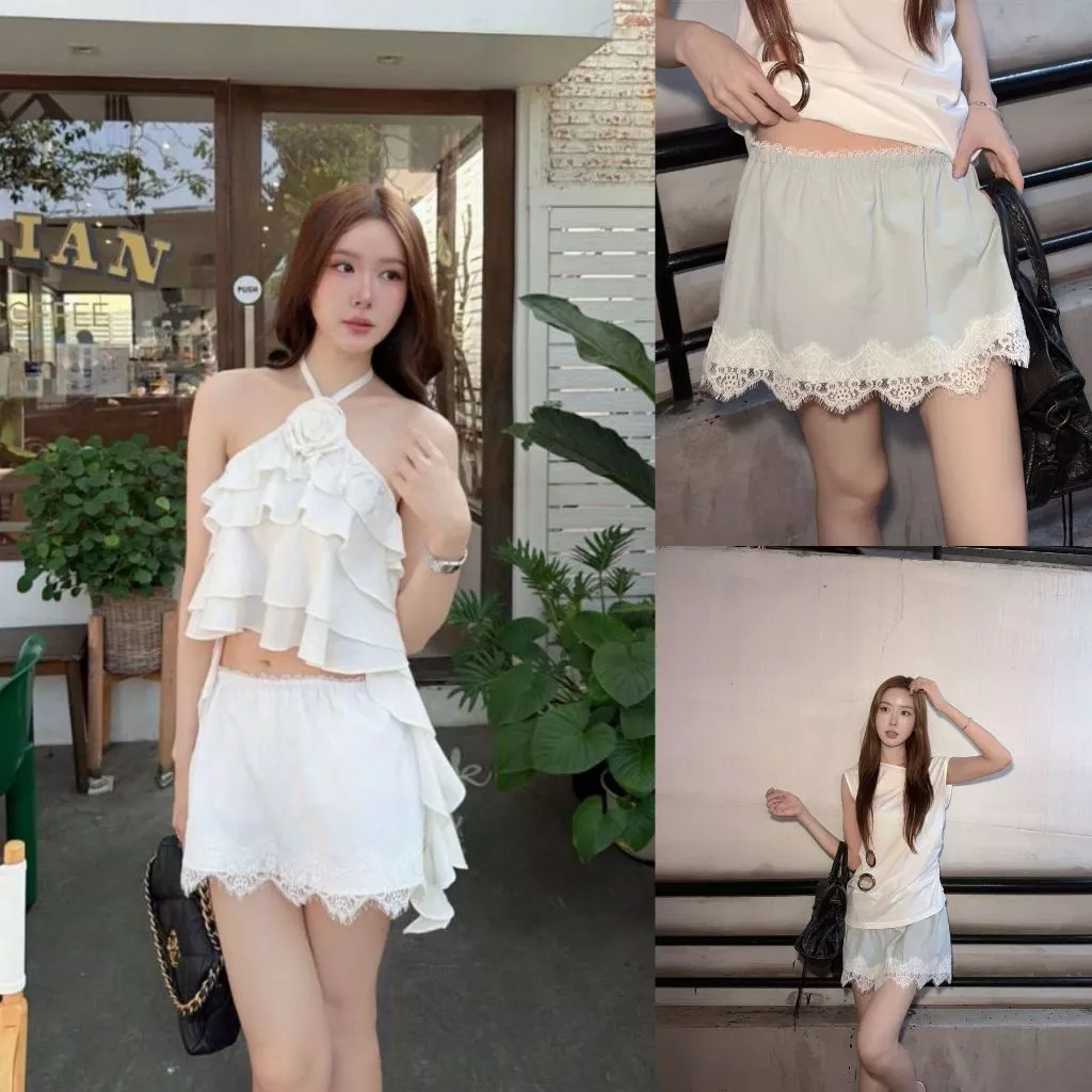 ส่งด่วน 🚨 SLYQ MILKY LACE SKIRT กระโปรงมินิเอวยางยืดชายลูกไม้