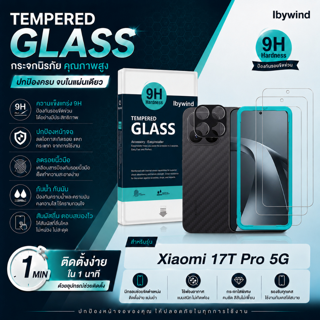 Ibywind ฟิล์มกระจก Xiaomi 17T Pro 5G ครบชุด หน้า+กันเลนส์กล้อง ใส 4K ติดตั้งง่าย ส่งจากไทย