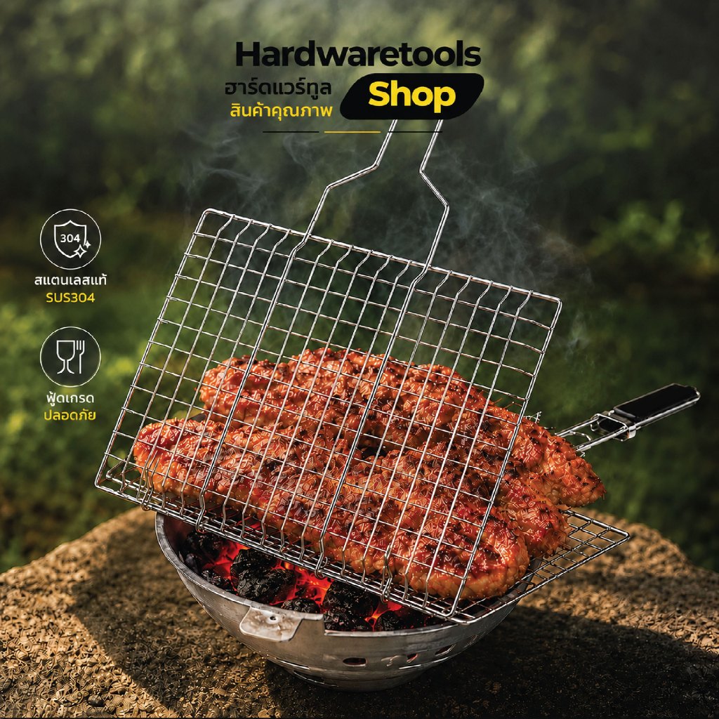 ตะแกรงปิ้งย่างสแตนเลส 304 แบบหนีบ มีด้ามจับ 22x34 ซม. ตะแกรงย่างปลา BBQ บาร์บีคิว กุ้ง หมึก เนื้อ