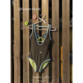 Ocean Mood | ชุดว่ายน้ำวันพีช 2 ชิ้น สีชมพูลายทาง แต่งลูกไม้ สไตล์วินเทจ Vintage Pink Striped Swimwear
