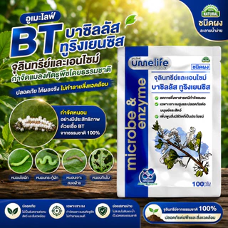 อูเมะไลฟ์ บาซิลัส ทูริงเยนซิส 100 กรัม จุลินทรีย์กำจัดหนอน ป้องกันแมลงกินใบ ป้องกันใบเหี่ยวจากเพลี้ย