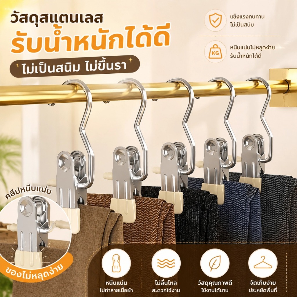 ที่หนีบกางเกงสแตนเลส มีตะขอในตัว หนีบแน่น ไม่ทิ้งรอย อเนกประสงค์ ใช้แขวนกางเกง กระโปรง ผ้าขนหนู