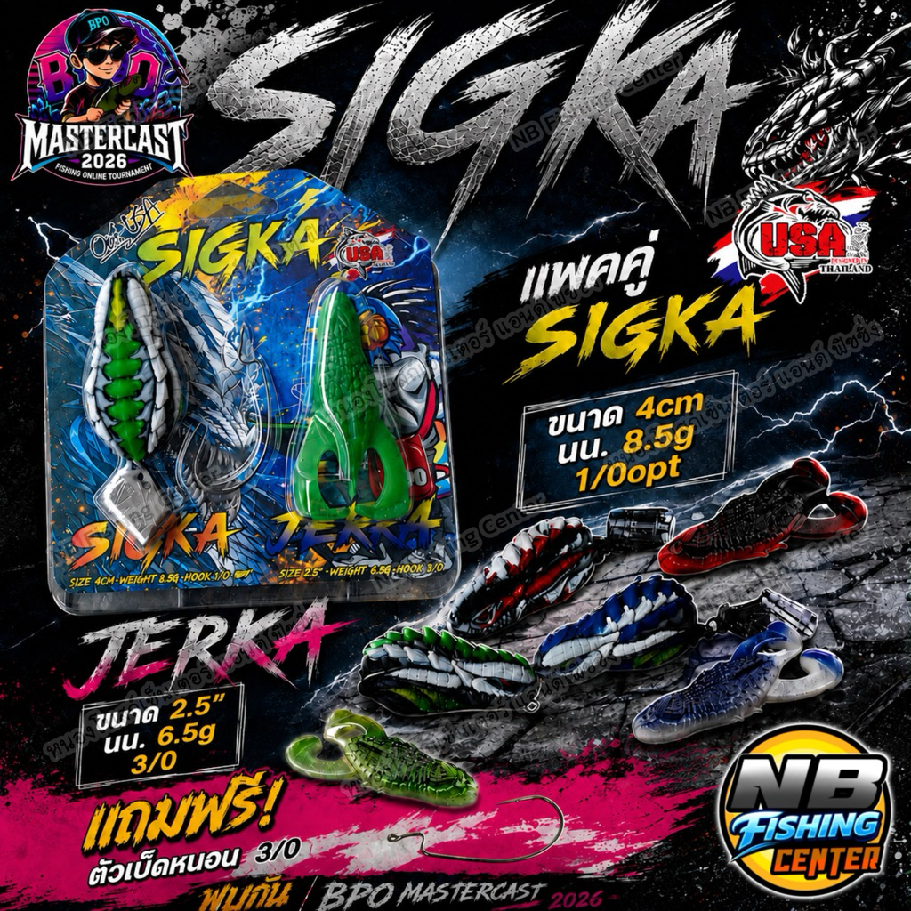 เซ็ทตกปลา ซิกก้า + เจอร์ก้า SIGKA + JERKA รุ่น กิจกรรม BPO MASTERCAST 2026 by น้าโอ๊ต USA กบยาง + เหยื่อยาง แถมตัวเบ็ด