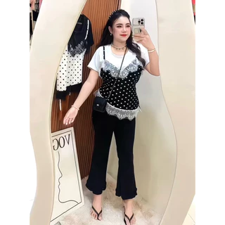 SETเสื้อจุดปลายลูกไม้+กางเกงขายาวน่ารัก🩵(จ9+ด4)#สาวอวบ