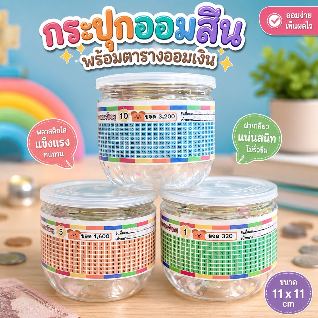ออมสินถังใสฝาดึงรุ่น700SP พร้อมตารางออมสติกเกอร์ปากกาและกันชื้น