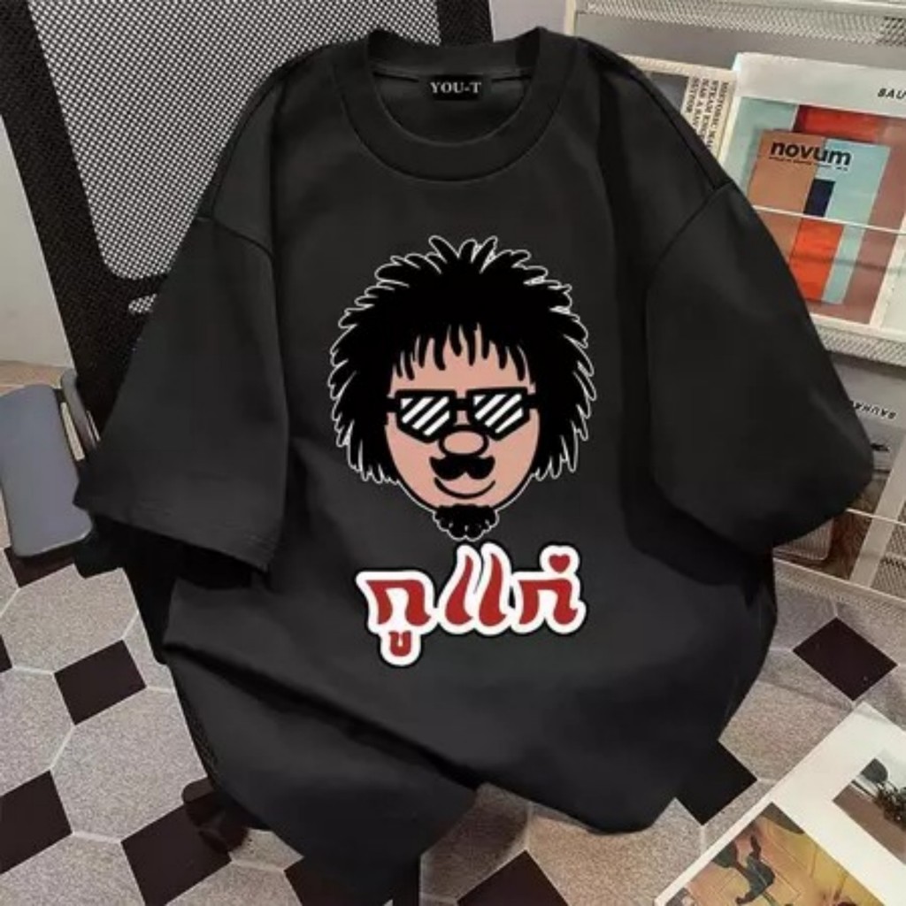Oversize Cotton T-shirt Funny Afro Cartoon Face Cute Thai Text Kukik Print Streetwear Unisex เสื้อยืดลายการ์ตูนข้อความไท