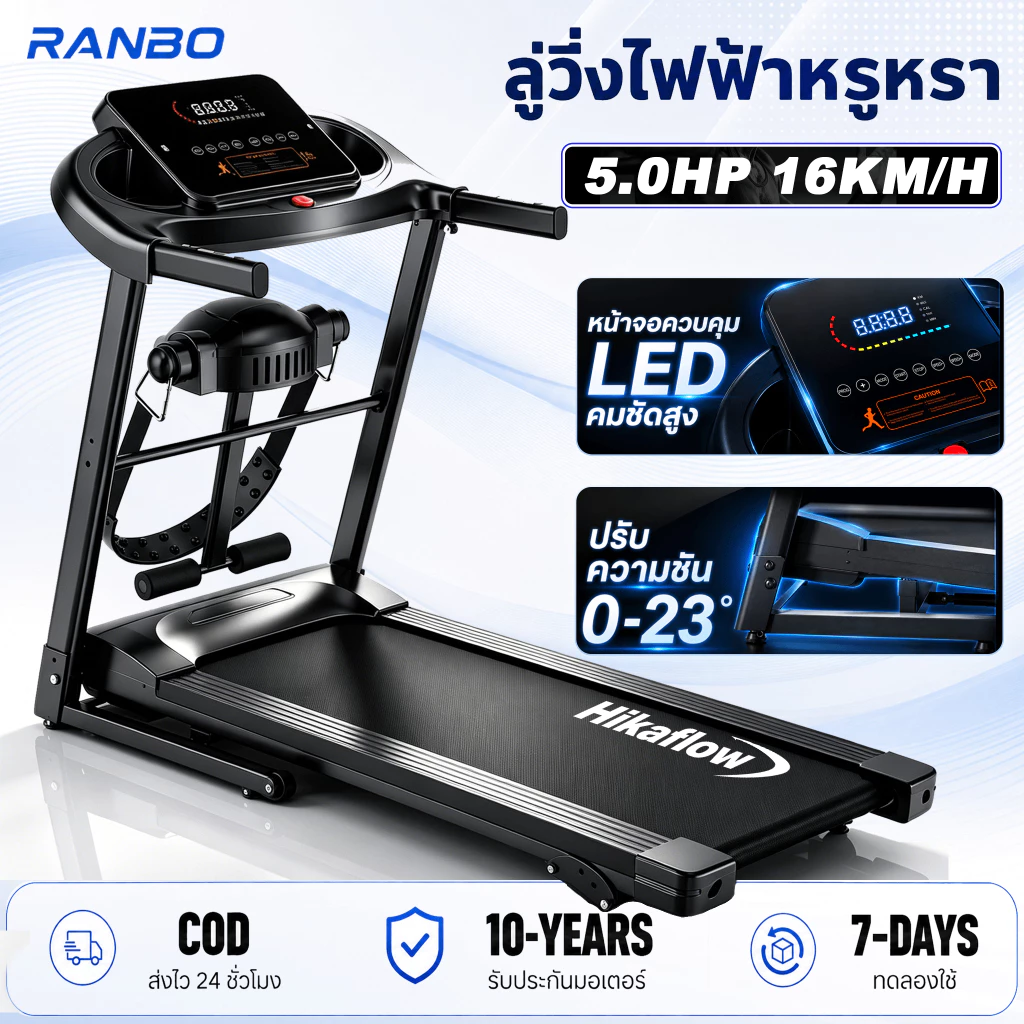 【รับประกัน 10 ปี】ลูวิ่งไฟฟ้า พับไฮดรอลิก treadmill 5.0 แรงม้า ปรับระดับความเร็ว 16 ระดับ ปรับความชันได้ 3 ระดับ