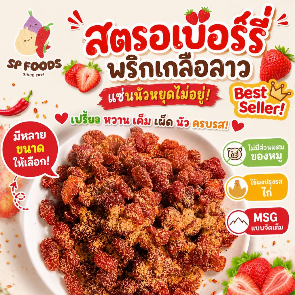 แพ็ค 100 กรัม สตรอเบอร์รีอบแห้ง คลุกพริกเกลือ By SP FOODS เปรี้ยวอมหวาน ผลไม้อบแห้ง