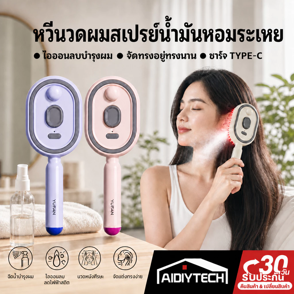 [ผมฉ่ำหอมฟุ้ง] หวีสเปรย์ไฟฟ้า หวีไอน้ำพกพา หวีนวดศีรษะสปา ลดผมแห้งฟูชี้ฟู บำรุงรากผม ชาร์จTypeC ส่งด่วน