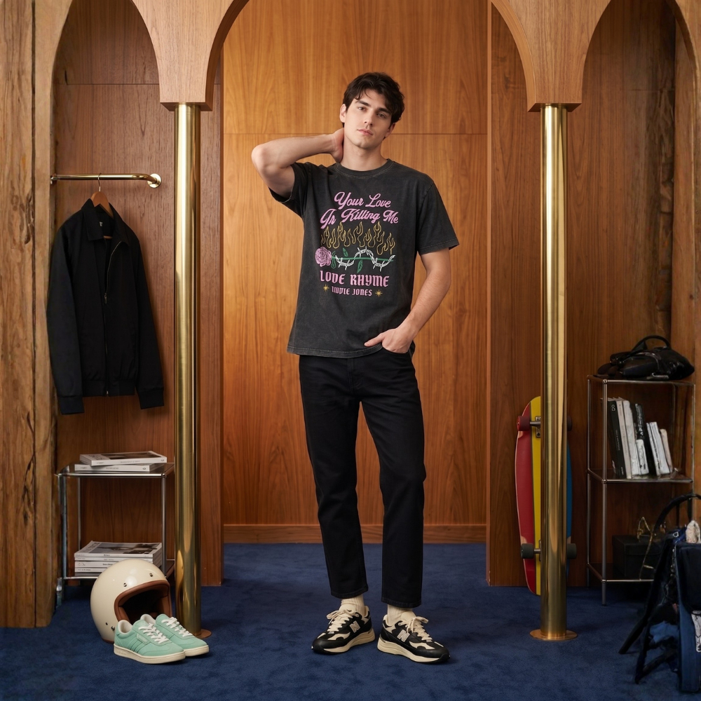 DAVIE JONES تيشيرت رجالي Slim Fit جرافيك — أسود مغسول — صورة 6