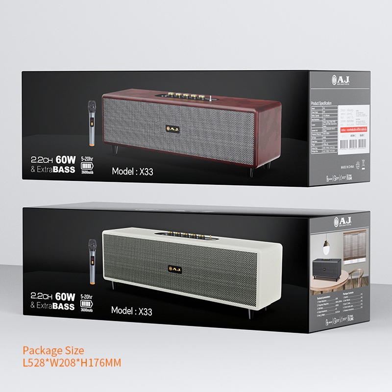 ลำโพงบลูทูธ D-Power AJ-X33 กำลังขับ 60W แถมไมค์ลอยฟรี ต่อ TWS ได้ 2 ตัว ลำโพงคาราโอเกะพกพา เสียบไมค์